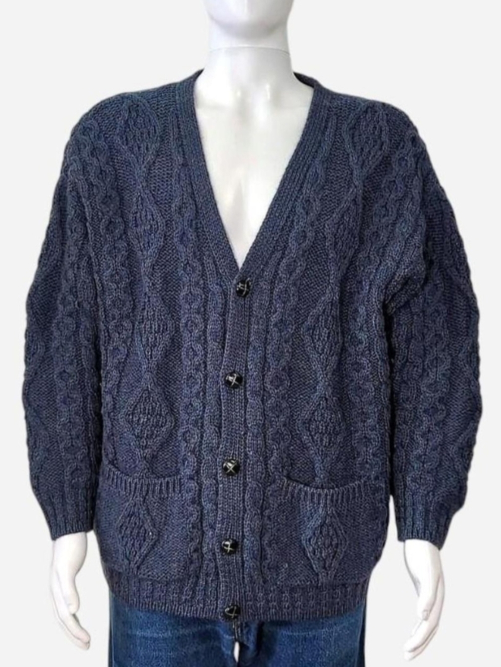 Vintage Irish Wool Navy Cable Knit 100% Wool Button up cardigan Size XL